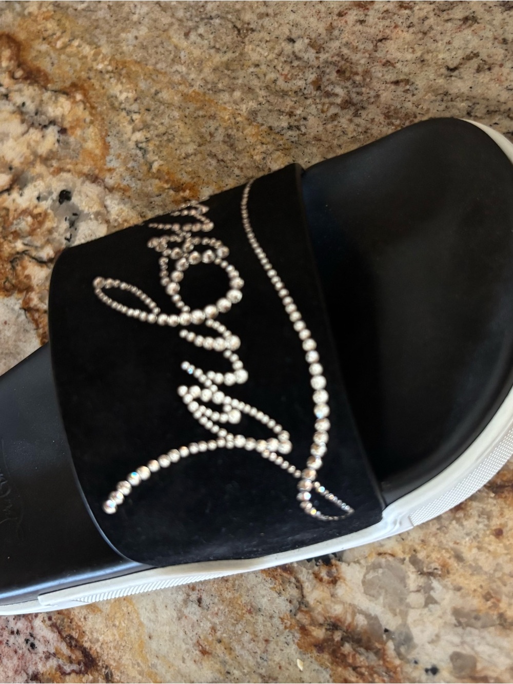 Christian Louboutin Black Suede Rhinestone Script Slide Sandal